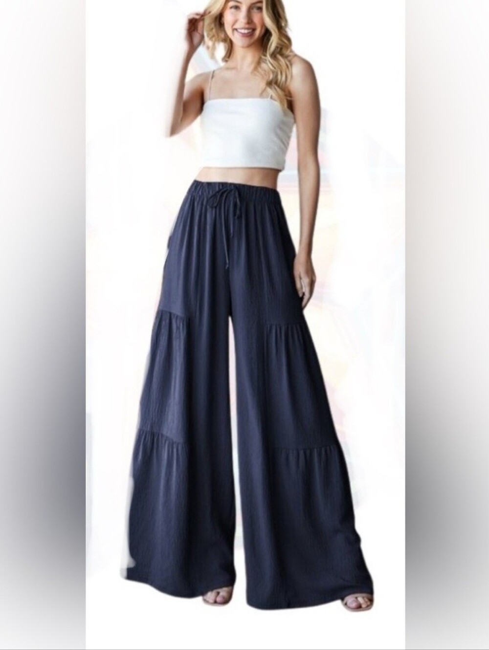 NWT HEIMISH BOHO Tiered Wide-Leg Palazzo Pants - Navy Blue Sz S